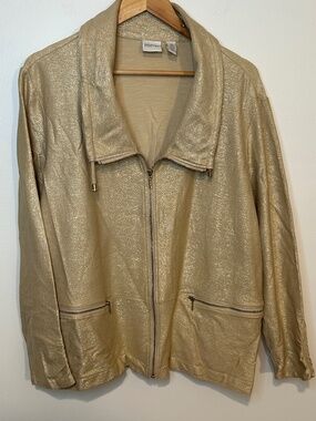 CHICO’S Zenergy Metallic Gold Knit Zip Front Jacket Size 3. XL